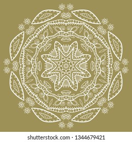 Hand drawn lace background. Mandala isolated design element, geometric line pattern. Stylized floral round ornament. Doodle art for textile fabric or paper print. Vector illustration
