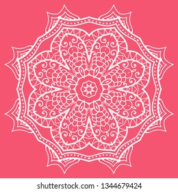 Hand drawn lace background. Mandala isolated design element, geometric line pattern. Stylized floral round ornament. Doodle art for textile fabric or paper print. Vector illustration