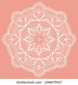 Hand drawn lace background. Mandala isolated design element, geometric line pattern. Stylized floral round ornament. Doodle art for textile fabric or paper print. Vector illustration