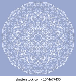 Hand drawn lace background. Mandala isolated design element, geometric line pattern. Stylized floral round ornament. Doodle art for textile fabric or paper print. Vector illustration