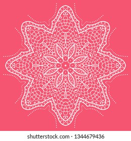 Hand drawn lace background. Mandala isolated design element, geometric line pattern. Stylized floral round ornament. Doodle art for textile fabric or paper print. Vector illustration