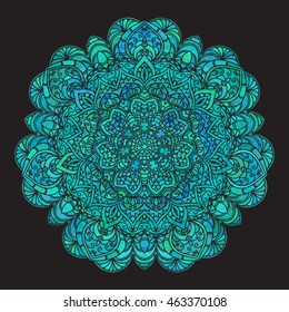 Hand drawn lace blue pattern on black background. Ethnic colored decorative mandala. Vector illustration.