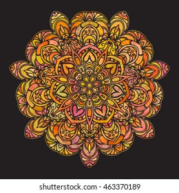 Hand drawn lace colorful pattern on black background. Ethnic colored decorative mandala. Vector illustration.