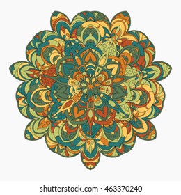 Hand drawn lace colorful pattern on white background. Ethnic colored decorative mandala. Vector illustration.