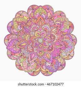 Hand drawn lace colorful pattern on white background. Ethnic colored decorative mandala. Vector illustration.