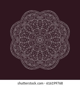hand drawn lace doodle round abstract ornament. openwork pattern with curved lines, semicircles and shares