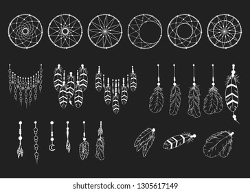 Hand drawn lace dream catcher creator collection in boho style. Native indian feathers. Magic aztec bohemian tattoo. Traditional print.