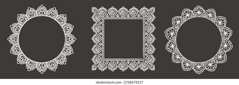 Hand drawn lace paper frames with round and square shapes, delicate floral details and crochet style edges. Romantic vintage borders for wedding invitations, valentine cards and stationery. Vector.