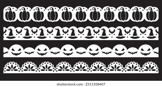 Tema de halloween de borda de soco de papel recortado com rendas desenhadas à mão com abóboras, chapéus de bruxa e morcegos