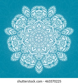 Hand drawn lace white pattern on blue background. Ethnic decorative mandala. Elegant floral motif for save the date card, greeting card, invitation, certificate, menu. Vector illustration.