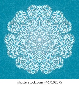 Hand drawn lace white pattern on blue background. Ethnic decorative mandala. Elegant floral motif for save the date card, greeting card, invitation, certificate, menu. Vector illustration.