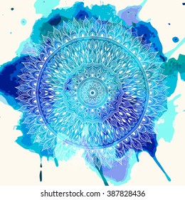 Hand drawn lacy element on artistic background. Summer ethnic illustration for greeting cards, invitations and banners. Mandala, islamic, indian, ottoman motif.