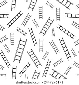 Hand drawn ladders floating and rotating at different angles against white backdrop. Elegant monochrome minimal surface art arranged in vector seamless pattern.