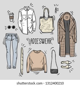 Hand drawn lady fashion set: shirt, overcoat, jumper, bags, shoes, jeans, and accessories. Vector colored illustration. Sketch style