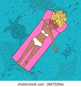 Hand drawn lady lying on mattress in sea
