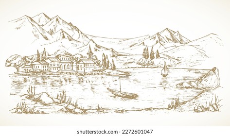 Hand Drawn Lake Landscape Vector Illustration. Mountain and lake View with Manor Buildings and yachts Sketch. Hand Drawn lakeview Doodle. Isolated