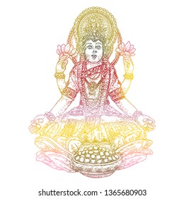 Hand drawn Lakshmi goddess. Is the goddess of blessing, abundance, prosperity, wealth, luck and happiness. Symbol of Diwali, a light festival of India. Vector.