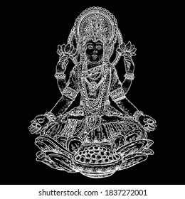 La mano dibujó a la diosa de Lakshmi. Es la diosa de la bendición, la abundancia, la prosperidad, la riqueza, la suerte y la felicidad. Símbolo de Diwali, un festival de la luz de la India. Vector.