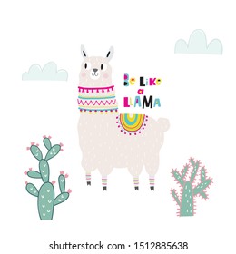 Hand drawn Lama cute print with cactus. Cute lama cartoon character.