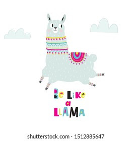 Hand drawn Lama cute print with cactus. Cute lama cartoon character.