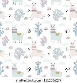 Hand drawn Lama cute print with cactus. Cute lama cartoon character. seamless patter