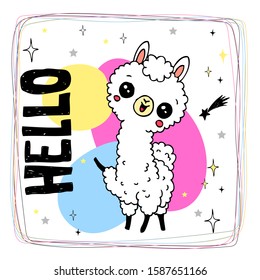 Hand drawn lama illustration. Childish print for t-shirt, baby shower, card. Vector