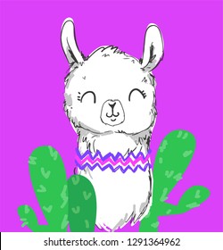 Hand drawn Lama print for kids T-shirts. Vector illustration.