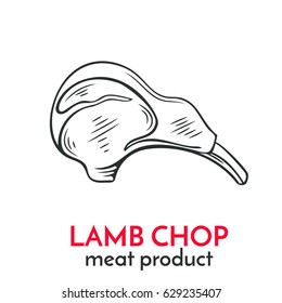 Hand Drawn Lamb Chop Icon. Vector Badge Meat Product Sketch Style For Brochures, Banner, Packagingmenu And Market