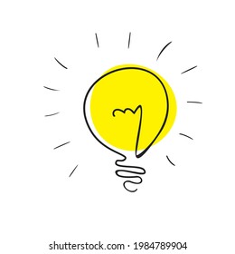 Hand drawn lamp bulb. Light bulb doodle sketch, lightbulb drawing in retro style. Simple solution concept, idea symbol with lightbulbs, vector illustration