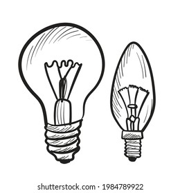 Hand drawn lamp bulb. Light bulb doodle sketch, lightbulb drawing in retro style. Simple solution concept, idea symbol with lightbulbs, vector illustration