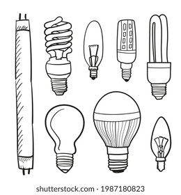 Bombilla dibujada a mano. Esbozo de doodle de bombilla clara, dibujo de bombilla de luz de estilo retro. Concepto de solución simple, símbolo de idea con bombillas, ilustración vectorial