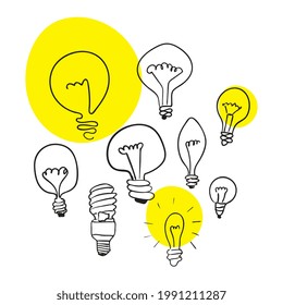 Hand drawn lamp bulb. Light bulb doodle sketch, lightbulb drawing in retro style. Simple solution concept, idea symbol with lightbulbs, vector illustration