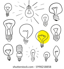 Bombilla dibujada a mano. Esbozo de doodle de bombilla clara, dibujo de bombilla de luz de estilo retro. Concepto de solución simple, símbolo de idea con bombillas, ilustración vectorial