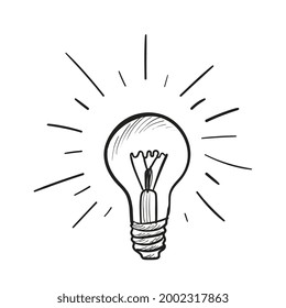 Bombilla dibujada a mano. Esbozo de doodle de bombilla clara, dibujo de bombilla de luz de estilo retro. Concepto de solución simple, símbolo de idea con bombillas, ilustración vectorial