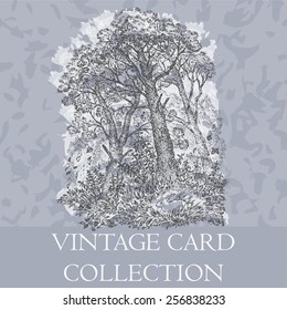 Hand drawn landscap with wood and hare. Vintage card.