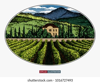 Hand drawn landscape. Antique house, garden, vineyard. Abstract nature background. Template for your design works. Engraved style vector illustration.