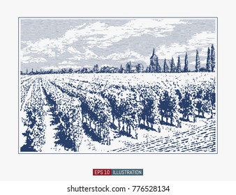 Hand drawn landscape. Antique house, garden, vineyard. Abstract nature background. Template for your design works. Engraved style vector illustration.