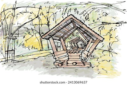 Hand drawn landscape of an autumn park, with a picnic area, wooden shelters with barbecue benches under the trees on river. Watercolor with ink lines sketch