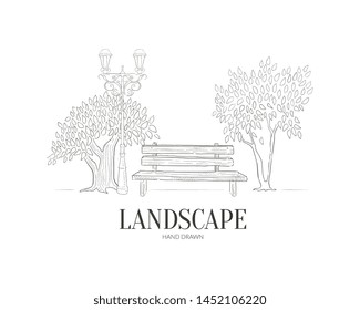 Hand Drawn Landscape Banner Template with Wooden Bench under Trees Vector Illustration