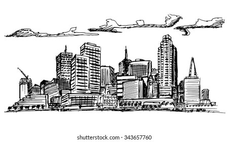 Hand drawn landscape city on white background. Vector illustration. 