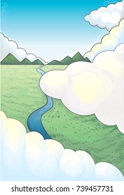 hand drawn landscape cloud river with mountain in vector