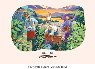 Hand drawn landscape of coffee plantation and coffee farmers, suitable for branding coffee packaging and others