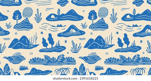 Hand drawn landscape doodle seamless pattern. Nature mountain cartoon background. Outdoor environment wallpaper print, natural scenery texture illustration.