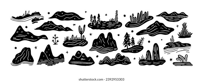 Conjunto de doodles de paisajes dibujados a mano. Colección de iconos de dibujos animados de la montaña de la naturaleza. Conjunto de entorno al aire libre, ilustración de elementos de paisaje natural.