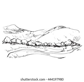 Hand drawn landscape with fields and trees.