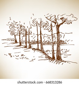 Hand drawn landscape with forest. Sketch, vector illustration.