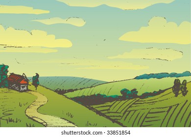 hand drawn landscape with house