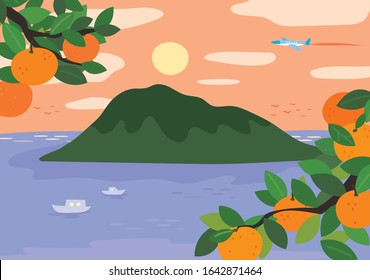 Hand drawn landscape illustration of Jeju island. And citrus trees.