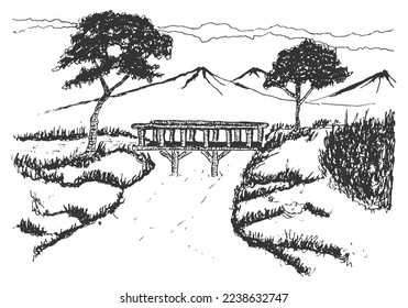 Hand drawn landscape illustration. Mountains view, countryside river with old wooden bridge and an illustration of two big trees vector pen sketch vintage illustration.