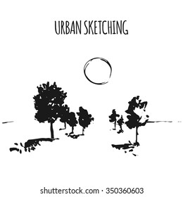 Hand Drawn landscape illustration. Vector ink freehand sketch. Vintage design postcard template. Background sketchy, scribble antiquity style pen on paper with space for text